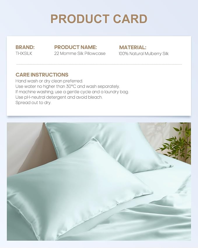THXSILK 100% Mulberry Silk Pillowcase for Hair and Skin Health, 22 Momme Soft and Smooth Pillowcase with Hidden Zipper, Both Sides Premium Grade 6A+ Silk, 1pc (Standard 20"x26", Light Blue)