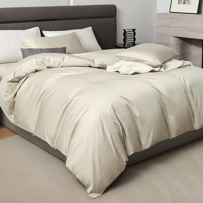 PURE ERA Duvet Cover Set 800 Thread Count Long Staple Cotton Sateen Soft Luxurious Smooth 3 Piece Set Beige King