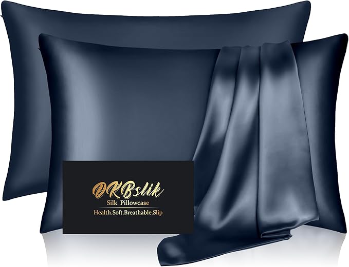 Silk Pillowcase 2 Pack, Mulberry Silk Pillow Cases Queen Size Set of 2, Anti Acne Silk Pillowcase for Hair and Skin, Natural Silk Satin Pillowcases for Sleeping Women 2 Pack with Zipper, Mood Indigo