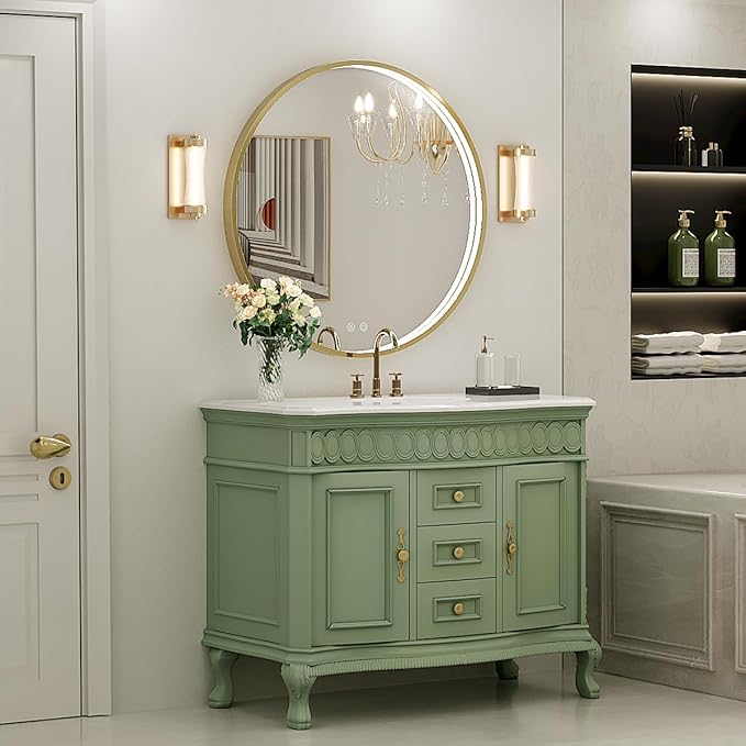 28" Round LED Bathroom Mirror, Dimmable Anti-Fog Vanity Mirror with Touch Control, 6000K Natural Light, Gold Metal Frame, Wall Mounted for Makeup Shaving (IP54, 90+ CRI)