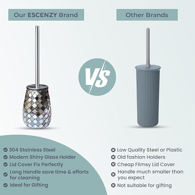 Escenzy Modern Toilet Brush and Holder Set Mosaic Glass | Non-Rustic Stainless Steel | Practical & Decorative Toilet Bowl Brush and Holder | Luxury Black and Gold Bathroom Accessories