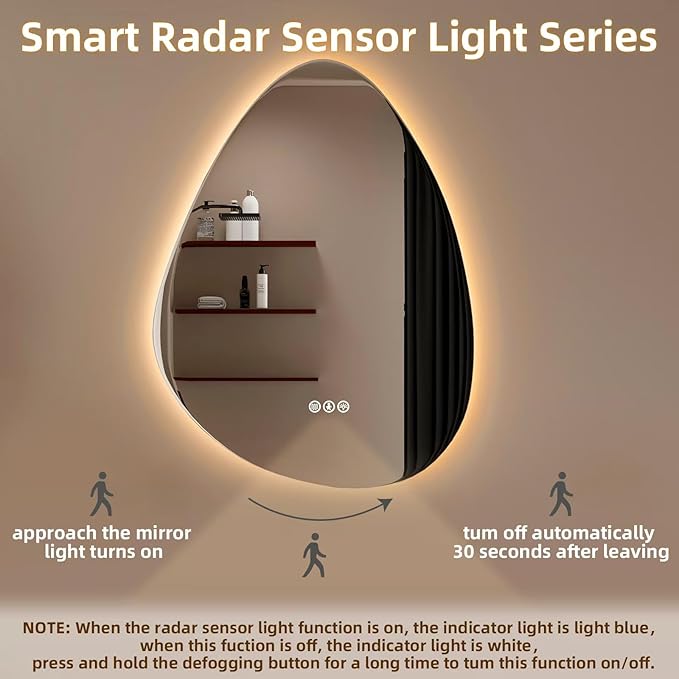 Led Mirror for Bathroom, 30"x 48" Bathroom Vanity Mirror with Lights, Human Body Sensing, Anti-Fog, 3 Colors and Dimmable, Backlit Light Up Bathroom Mirror Wall Mounted.