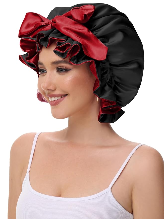 Hair Bonnet for Sleeping, Satin Silk Shower Cap Women 2025 with Tie Band and Adjustable Straps Head Wrap for Curly Hair Black F