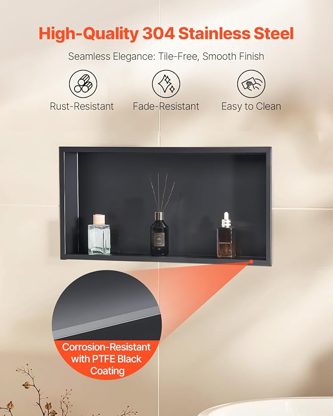 VEVOR Shower Niche, 13 x 25 x 4 inch Recessed Wall Niche, Heavy-duty Stainless Steel Modern Soap & Shampoo Storage Organizer, Sealed Waterproof, Durable & Easy to Install,Black for Bathroom