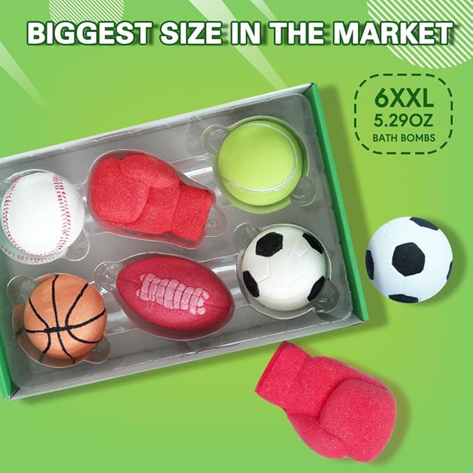 Sports Themed Bath Bombs Gift Set – 6 Piece Novelty Fizzy Balls with Basketball, Tennis, Baseball, Soccer, Football & Boxing – Fun Spa Kit for Kids, Teens, Men & Women – Self Care & Relaxation