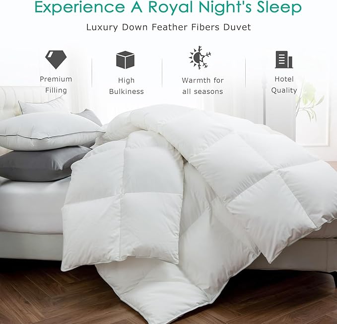 APSMILE Premium Down Feather Fibers Comforter King Size, All Season Duvet Insert King with 8 Corner Tabs, Ultra Soft Poly-Cotton Cover Down Feather Fibers Comforter (White, 106 * 90")