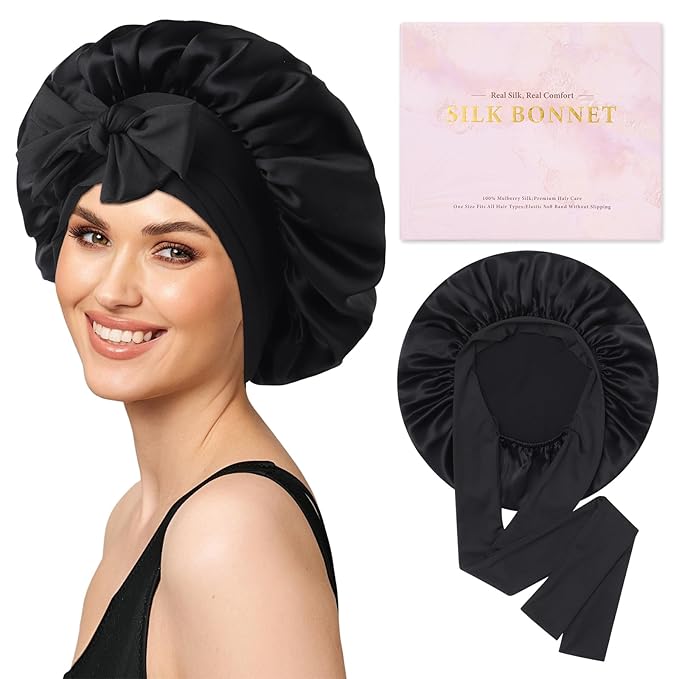 AWAYTR Mulberry Silk Bonnet for Sleeping - Silk Sleep Bonnet with Tie Band for Curly Hair Men and Women (Black)