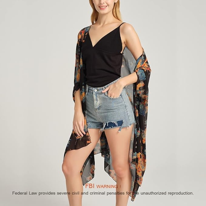 Women's Bohemian Floral Chiffon Beach Cover up Swimsuit Kimono Summer Swimwear Cardigans