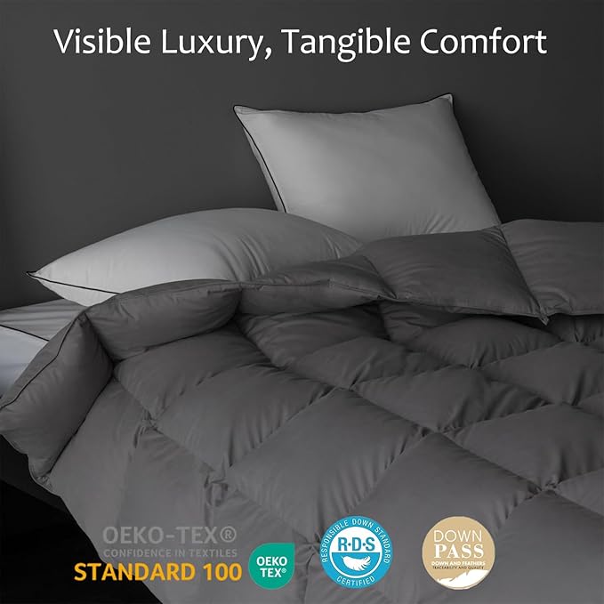 Luxury Down Fiber Comforter Twin/Twin XL Size - High Fill Power Medium Warmth for All Season Duvet Insert - Light Weight, Charcoal Grey (68" x 90")