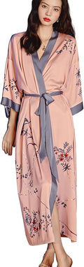 Silk Satin Robe for Women Long Japanese Kimono Robe Lightweight Soft Bathrobe Floral Luxury Dressing Gown