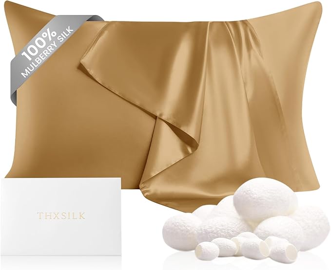 THXSILK 100% Pure Mulberry Silk Pillowcase for Hair and Skin, 22 Momme Zipper Silk Pillow Case Standard Size, Real Silk Pillowcase with Zipper, Anti Aging Acne Free (Metallic Gold, King 20"x36")