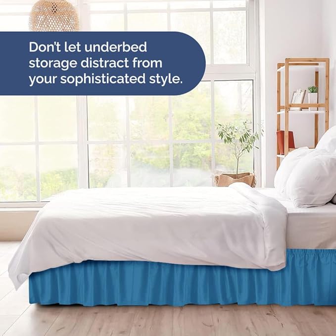 Wrap Around Dust Ruffle Bed Skirt - Denim Blue - Twin/Twin XL Size Beds with 15 Inch Drop - Elastic Strap- Adjustable Pleated Bedskirt with Brushed Fabric and Wrinkle Free - Women, Men, Kids & Teens