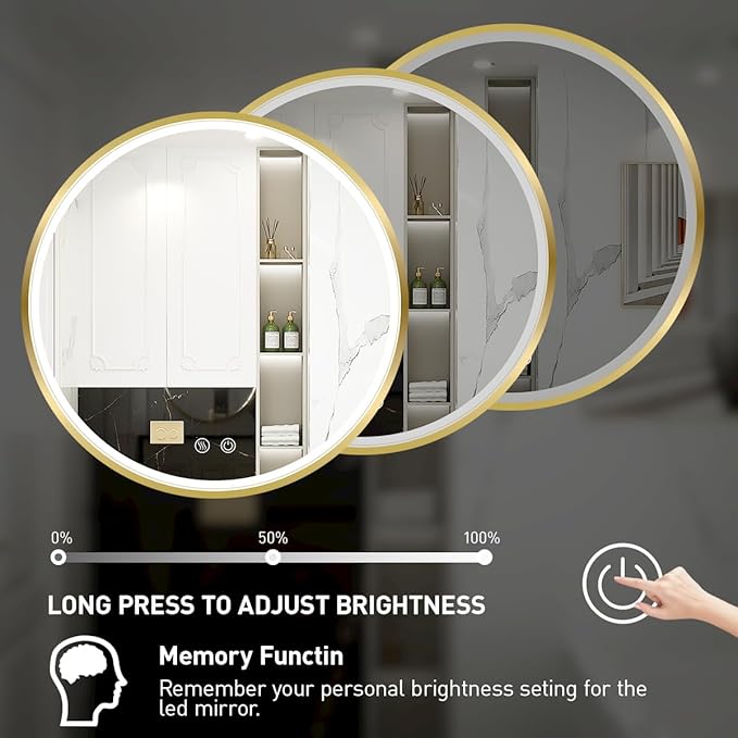 40" Round LED Bathroom Mirror, Dimmable Anti-Fog Vanity Mirror with Touch Control, 6000K Natural Light, Gold Metal Frame, Wall Mounted for Makeup Shaving (IP54, 90+ CRI)