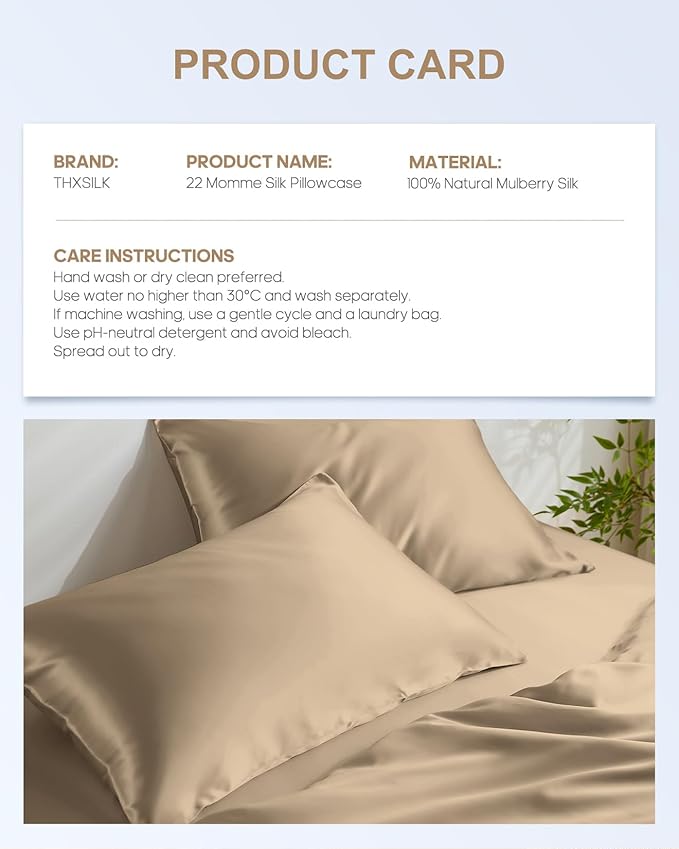 THXSILK Set of 2 100% Mulberry Silk Pillowcase for Hair and Skin Health, 22 Momme Soft and Smooth Pillowcases with Hidden Zipper, Both Sides Premium Grade 6A+ Silk, Standard 20"x26", Taupe