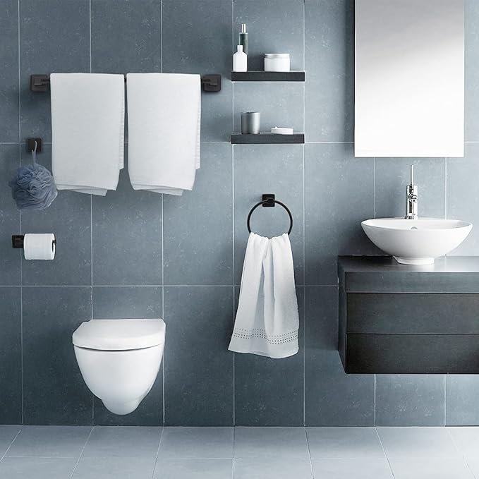 Bathroom Hardware Set 4 Pieces,Stainless Steel Matte Black Towel Bar Set, Includes 24In Towel Bar, Towel Ring, Robe Towel Hooks,Toilet Paper Holder, Bathroom Towel Rack Set