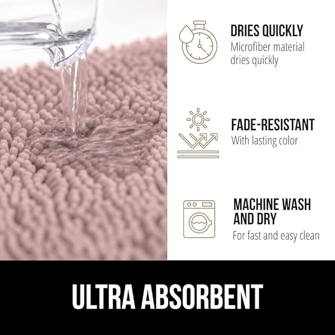 GORILLA GRIP Bath Rug Mat 44x26, Soft Absorbent Chenille, Quick Dry Microfiber Mats, Rubber Backing Washable Shower Floor Rugs, Bathmat Runner, US Designed Bathroom Home Decor Accessories Dusty Rose