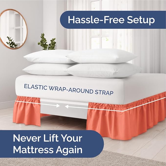 Wrap Around Dust Ruffle Bed Skirt - Coral - Twin/Twin XL Size Beds with 18 Inch Drop - Easy Fit Elastic Strap - Adjustable Pleated Bedskirt w/Brushed Fabric - Wrinkle Free - Women, Men, Kids & Teens