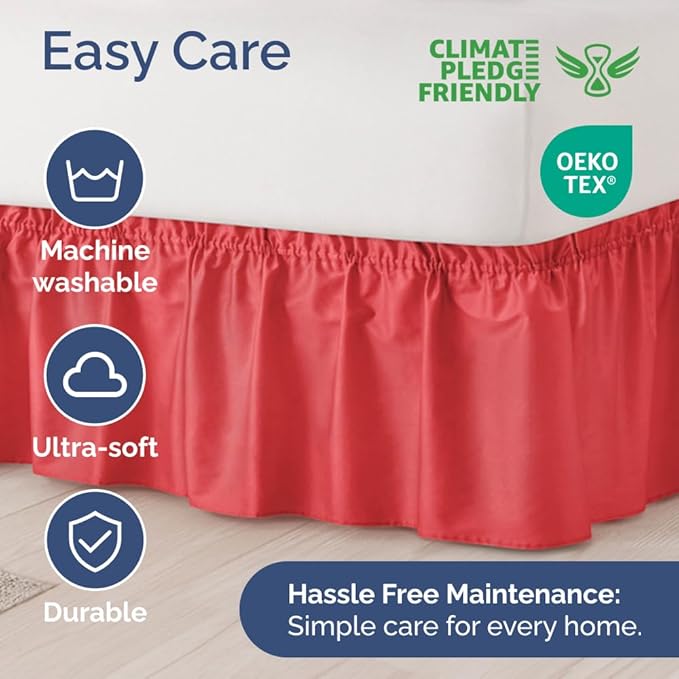 Wrap Around Dust Ruffle Bed Skirt - Red - for King Size Beds with 24 Inch Drop - Easy Fit Elastic Strap - Adjustable Pleated Bedskirt w/Brushed Fabric - Wrinkle Free - for Women, Men, Kids & Teens
