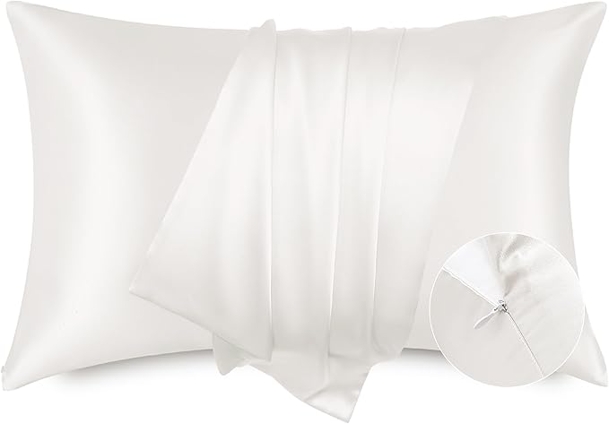 Bedsure Satin Pillowcase with Zipper, Similar to Silk Pillow Cases 2 Pack, Silky & Soft Satin Pillow Cases Standard Size for Hair and Skin, Ivory Pillow Covers, Gifts for Women Men, 20x26 Inches