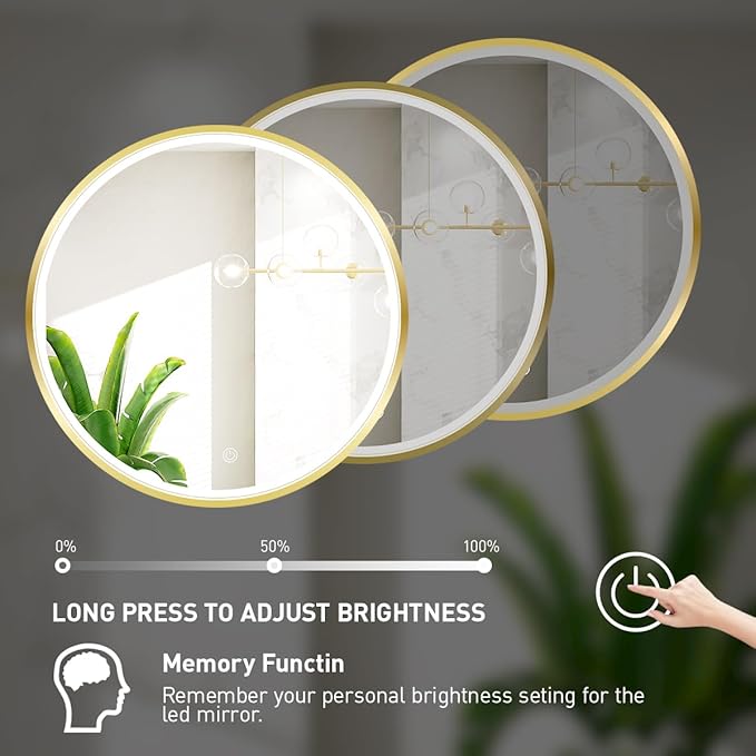 24" Round LED Bathroom Mirror, Dimmable Anti-Fog Vanity Mirror with Touch Control, 6000K Natural Light, Gold Metal Frame, Wall Mounted for Makeup Shaving (IP54, 90+ CRI)