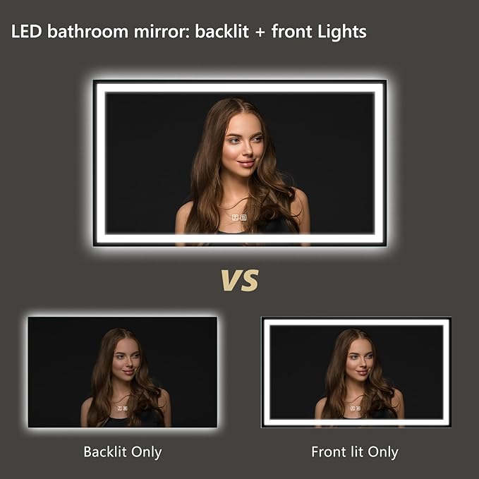 APRILSOUL 60x28 Inch LED Bathroom Mirror with Front and Backlit, Makeup Mirror with 3 Color Lights, Memory Function, Anti-Fog and Dimmable Light (Horizontal)