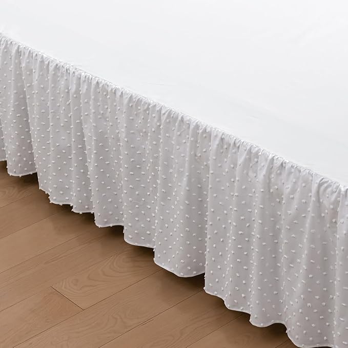 Tufted Dot Bed Skirt Full Size Ruffled Bed Skirt with Split Corners, 12 Inch Drop Dust Ruffle Bed Skirts with Platform, White