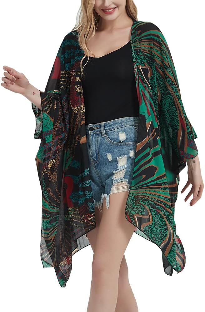 Women's Bohemian Floral Chiffon Beach Cover up Swimsuit Kimono Summer Swimwear Cardigans