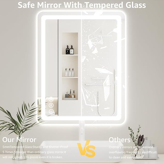 20"L x 28"W Led Bathroom Mirror with Lights, Anti-Fog & Tri-Color Lighting - Wall Mounted Shaving Mirror with Touch Sensor, Waterproof & Smart LED Vanity Mirror,Tempered Glass, Dimmable Smart Mirror
