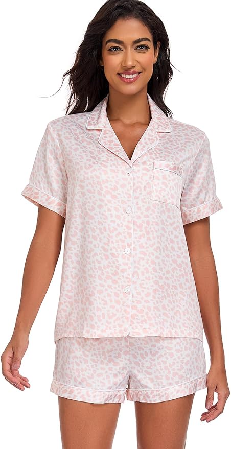 Women's Satin Pajama Set 2-Piece Sleepwear Loungewear Button Down Short Sleeve Silky PJ Set