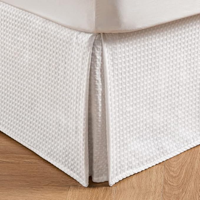 MIYE Pleated Waffle Weave Bed Skirt, Tailored Dust Ruffle 16 Inch Drop Easy Fit, Machine Washable, No Split Corners (White, King - 16" Drop)