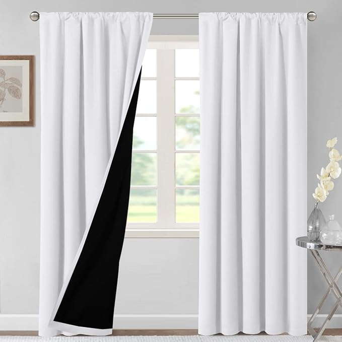 H.VERSAILTEX 100% Blackout Curtains for Bedroom Thermal Insulated Blackout Curtains 108 Inches Long Rod Pocket/Clip Rings Curtains for Living Room with Black Liner 2 Panels, Pure White