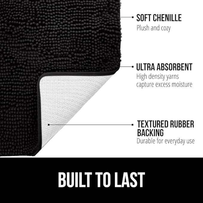 GORILLA GRIP Bath Rug Mat 42x24, Thick Soft Absorbent Chenille, Quick Dry Microfiber Mats, Rubber Backing Washable Shower Floor Rugs, Bathmat Runner, US Designed Bathroom Home Decor Accessories Black
