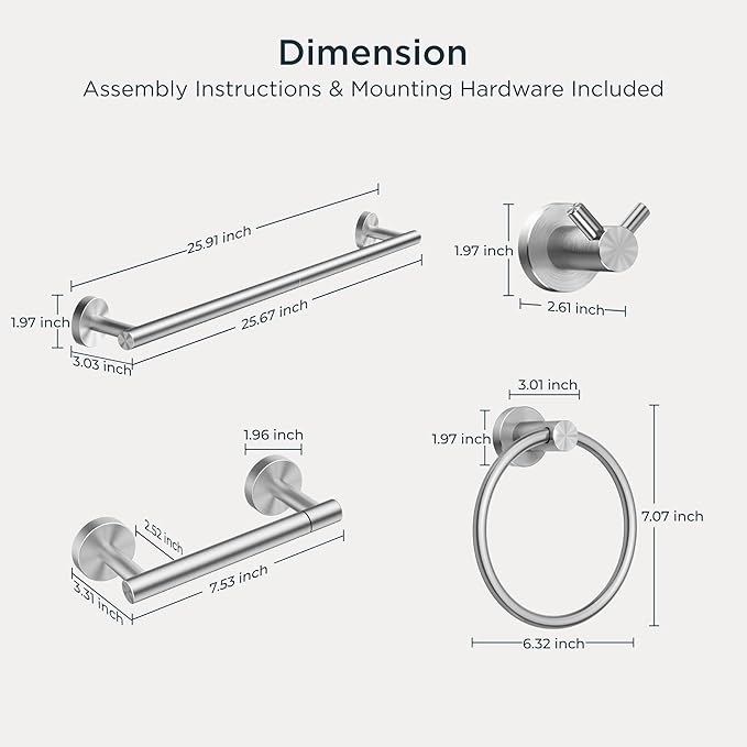 FORIOUS Bathroom Hardware Accessories Set, SUS304 Stainless Steel 24 Inch Towel Bar Set, Modern Towel Racks Holder for Bathroom Wall Mounted, 4 Pieces, Brushed Nickel