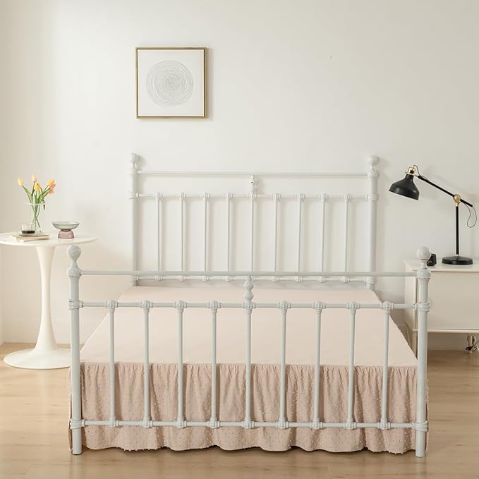 Tufted Dot Bed Skirt Queen Size Ruffled Bed Skirt with Split Corners, 14 Inch Drop Dust Ruffle Bed Skirts with Platform, Cream