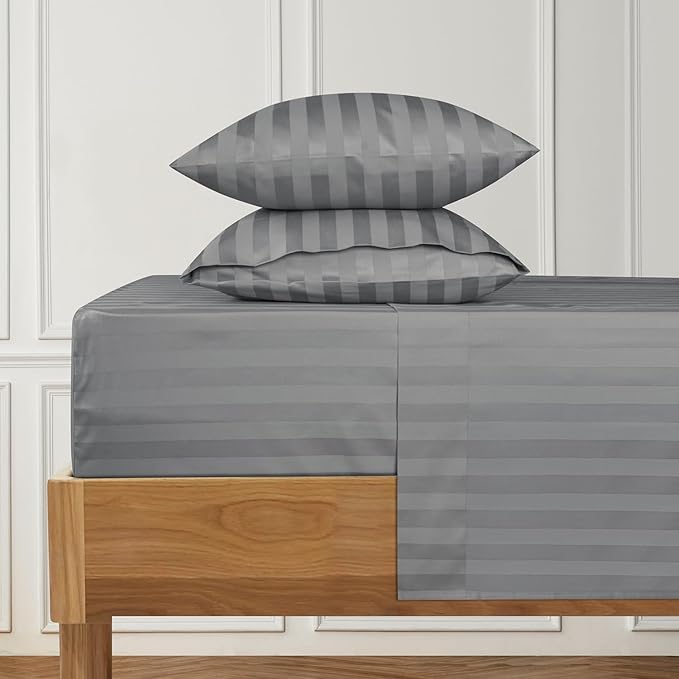 URBANHUT 1000 Thread Count Egyptian Cotton Sheets Damask Striped King Size, Long Staple Soft & Breathable, 4 Pc Bed Sheet Sets, Luxury Hotel Sateen Sheets Fits 16" Deep Pocket - Dark Grey