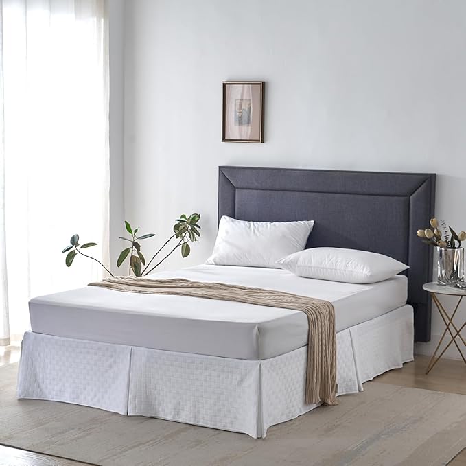 Full Size Bed Skirt, Pleated Knitted Jacquard Waffle Weave Striped Bed Skirt, Tailored Dust Ruffle 14 Inch Drop Easy Fit, Machine Washable (White, Full - 14" Drop)