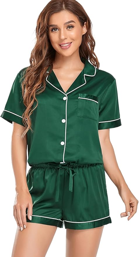 Women's Satin Pajama Set 2-Piece Sleepwear Loungewear Button Down Short Sleeve Silky PJ Set