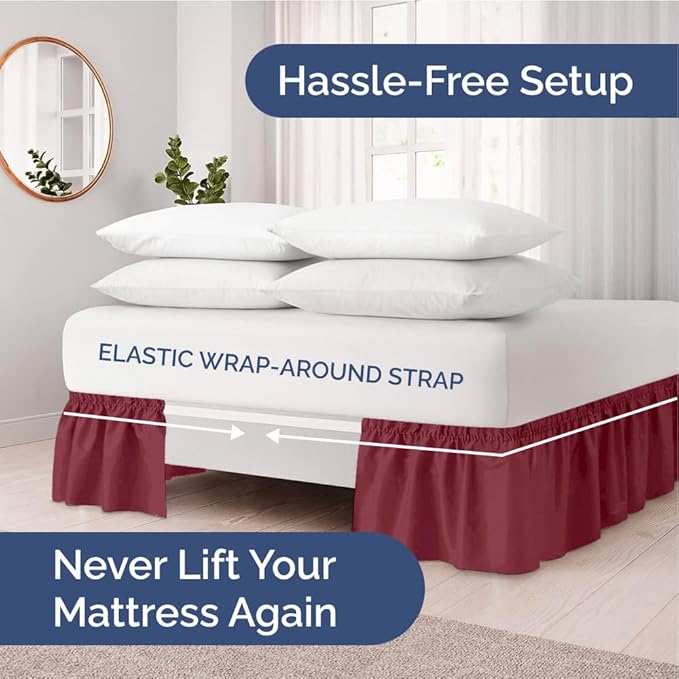 Wrap Around Dust Ruffle Bed Skirt - Burgundy - for King Size Beds with 12 Inch Drop - Easy Fit Elastic Strap - Adjustable Pleated Bedskirt w/Brushed Fabric Wrinkle Free - for Women, Men, Kids & Teens