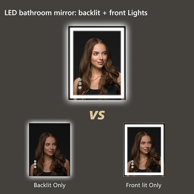 APRILSOUL 24x32 Inch LED Bathroom Mirror with Front and Backlit, Makeup Mirror with 3 Color Lights, Memory Function, Anti-Fog and Dimmable Light (Horizontal/Vertical)