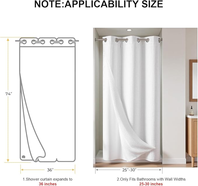 River Dream Stall Waffle Weave Shower Curtain with Snap-in Liner,Cotton Blend,No Hooks Needed Shower Curtain for Bathroom, Shower Curtain with Liner Set,Black,54x80 inches