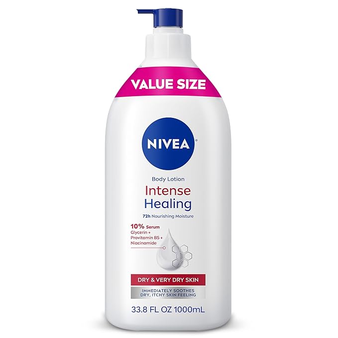 NIVEA Intense Healing Body Lotion for Very Dry, Itchy Skin with Glycerin, Provitamin B5 and Niacinamide, 72-Hour Body Moisturizer, 33.8 Fl Oz Value Size Pump Bottle