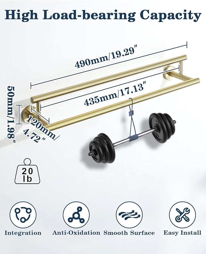 Alise Double Bath Towel Bars,20 Inch Towel Racks for Bathroom Wall Mounted,SUS304 Stainless Steel Towel Holder,Space-Saving Towel Hanger,Modern Decor Towel Rod,Brushed Gold Towel Rail,GYT6902-500-G