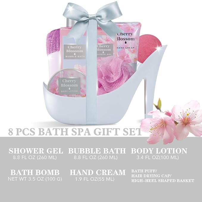 Cherry Blossom Christmas Gifts for Women Spa Basket, High Heel Bath Set with Shower Gel & Bath Bombs, Mother's Day Birthday, Anniversary Gifts for Mom, Sister, Bestie