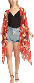 Women's Bohemian Floral Chiffon Beach Cover up Swimsuit Kimono Summer Swimwear Cardigans
