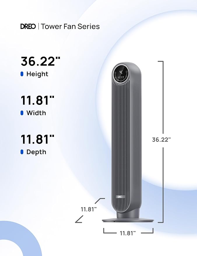 Dreo Tower Fan for Bedroom, 25ft/s Velocity Quiet Floor Fan, 90° Oscillating Fans for Indoors with 4 Speeds, 4 Modes, 8H Timer, Bladeless Fan, Standing Fans, Grey, Nomad One (DR-HTF007)