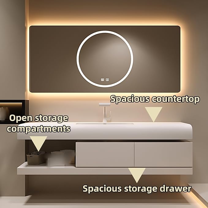 64IN Bathroom Vanity with Sink - Bathroom Cabinet Set has 2 Drawers & Overflow Hole Wall Mounted | LED Practical Defogging Mirror, Open Compartments, Seamless Rock Slab Basin (Cream White)