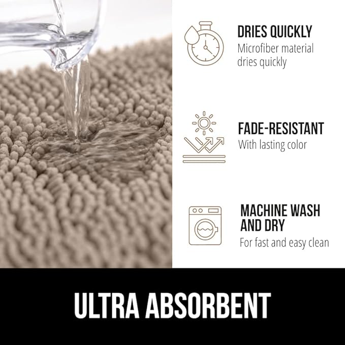 GORILLA GRIP Bath Rug Mat 42x24, Thick Absorbent Chenille, Quick Dry Microfiber Mats, Rubber Backing Washable Shower Floor Rugs, Bathmat Runner, US Designed Bathroom Home Decor Accessories Gray Beige