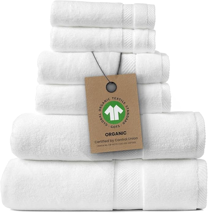 100% Organic Zero-Twist Cotton Towels - GOTS Certified Luxury Bath Towels - Ultra Soft & Plush 700GSM Long-Staple Cotton - 6 Piece Towel Set (White)