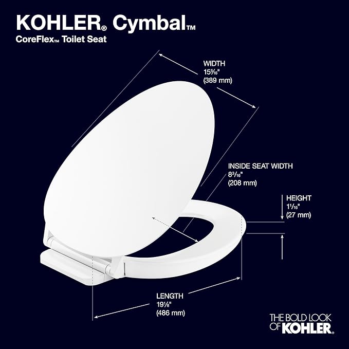 KOHLER 57777-WCF-0 Cymbal ReadyLatch Quiet-Close Soft Close Toilet Seat Elongated, Flexible CoreFlex Material, Wider Toilet Seat Surface, Home Essentials, White