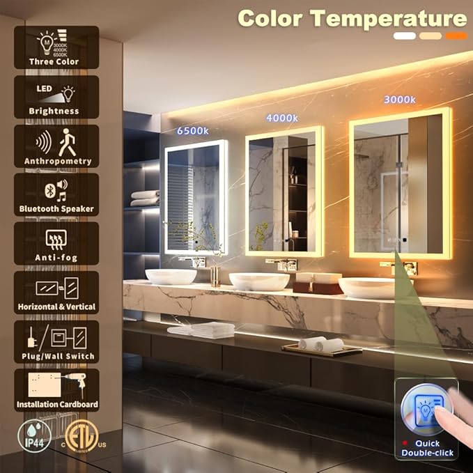 24 x 32 inch LED Bathroom Mirror with Bluetooth Speaker, Induction Switch Light Smart Vanity Mirror Wall Mounted, IP44 Waterproof Anti Fog Vertical & Horizontal